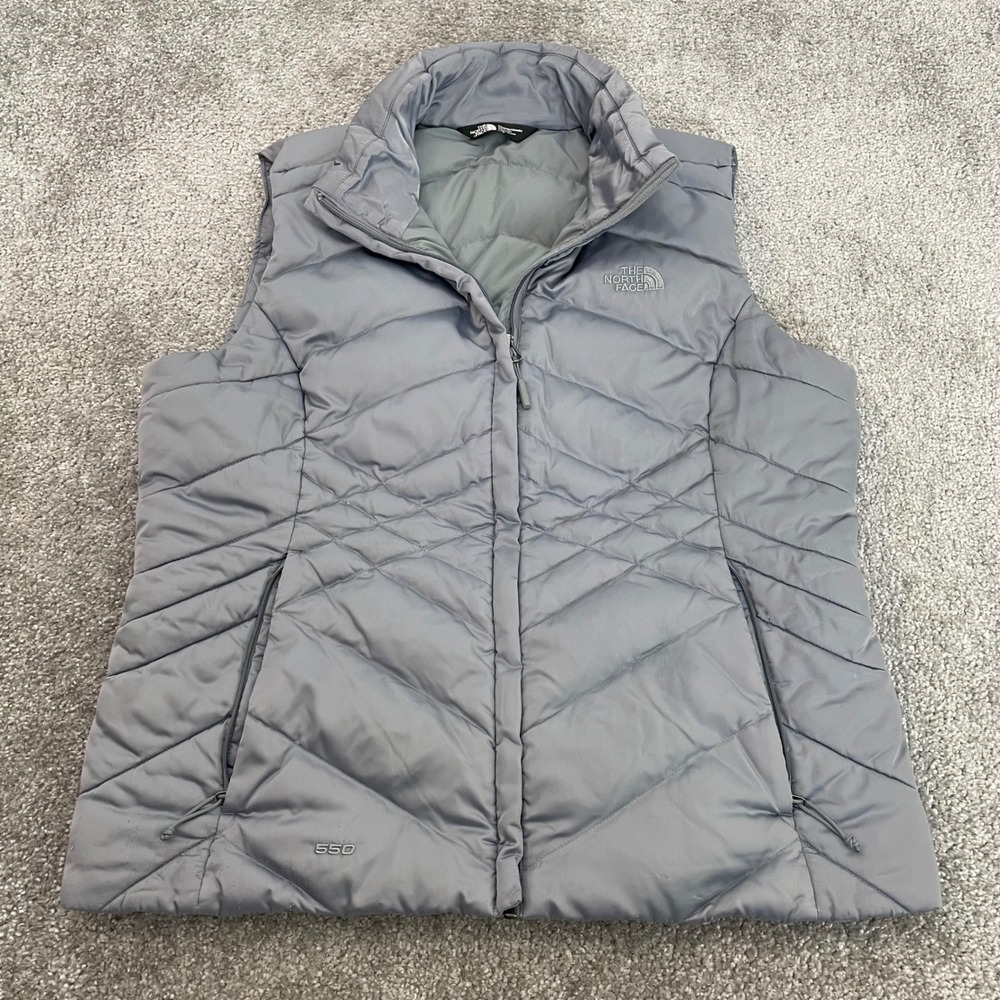 North Face 550 Down Vest Womens Large Puffer Quilted Aconcagua Grey